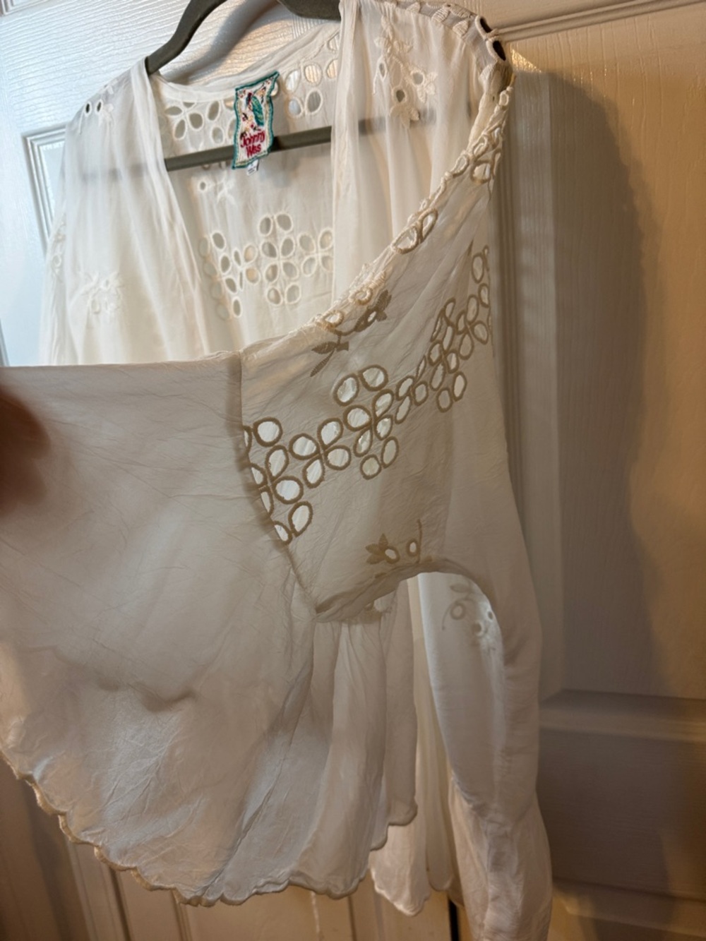 Johnny Was White Sheer Embroidered Tie-Front Kimono Blouse - Picture 4 of 4